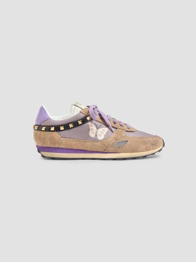 Valentino Garavani Stud Up Sneakers In Split Leather And Nylon With Butterfly Embroidery In Multi