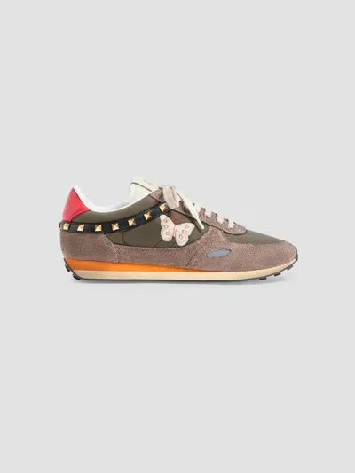 Valentino Garavani Stud Up Sneakers In Split Leather And Nylon With Butterfly Embroidery In Brown