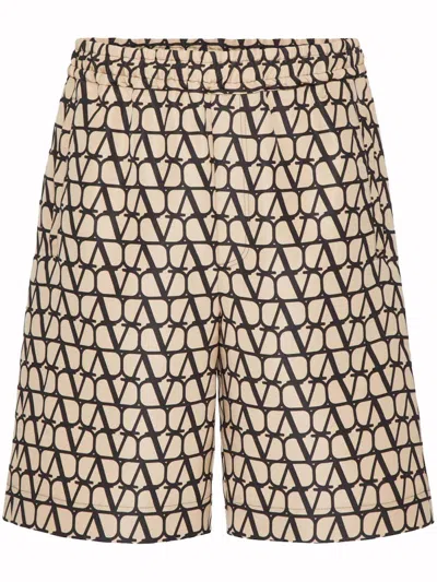 Pre-owned Valentino Men's  Allover Logo Silk Bermuda In Beige/black