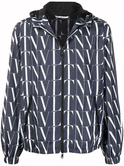 Pre-owned Valentino Men's  Allover Logo Zip Up Jacket In Navy Blue/white In Multi