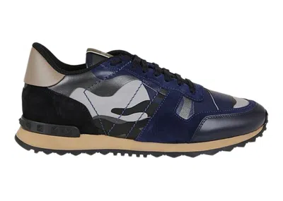 Pre-owned Valentino Garavani Men's  Rockrunner Camouflage Sneakers In Black/navy Blue/beige