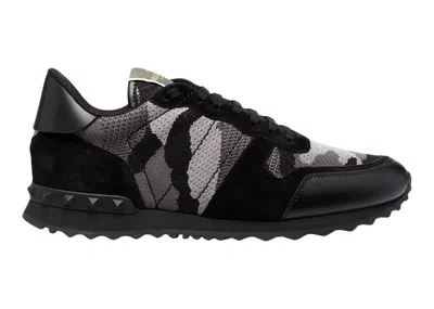 Pre-owned Valentino Garavani Men's  Rockrunner Mesh Fabric Camouflage Monochrome Sneakers In Black/white/grey In Multi