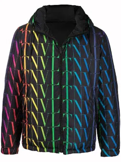 Pre-owned Valentino Men's  Vltn Allover Logo Reversible Down Jacket In Black