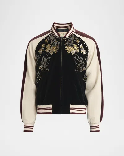VALENTINO MEN'S VELVET EMBROIDERED FULL-ZIP BLOUSON