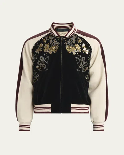 VALENTINO MEN'S VELVET EMBROIDERED FULL-ZIP BLOUSON