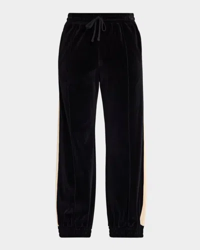 Valentino Striped Cotton-blend Velvet Sweatpants In Black