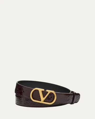 Valentino Garavani Men's Vlogo-buckle Alligator Belt In Dr Aubergine