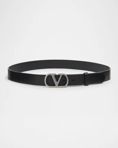 Valentino Garavani Men's Vlogo-buckle Leather Belt In Black