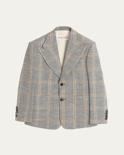 Valentino Men's Wide Peak-lapel Check Sport Coat In Ivory/multi