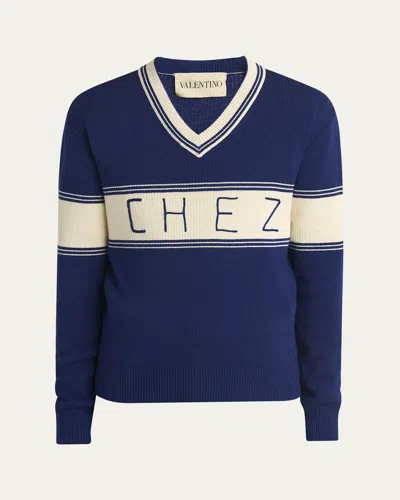 VALENTINO MEN'S WOOL AND COTTON CHEZ JACQUARD V-NECK SWEATER