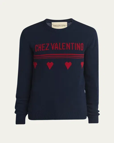 VALENTINO MEN'S WOOL CHEZ VALENTINO HEART JACQUARD CREWNECK SWEATER