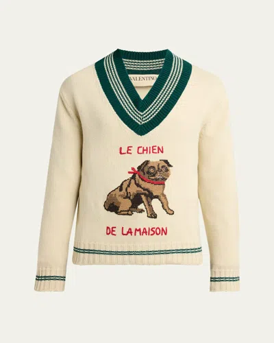 VALENTINO MEN'S WOOL LE CHIEN DE LA MAISON JACQUARD V-NECK SWEATER