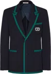 Valentino Tailored Cotton Blend Blazer With Back Slit And Sharp Lapels In Blue