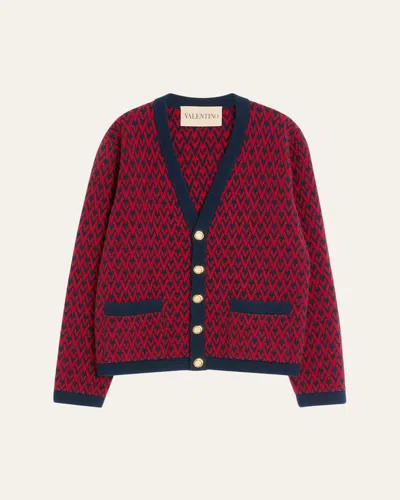 Valentino V-neck Cardigan With Relaxed Fit And Ribbing In Red