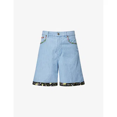 Valentino Mens Denim Blu Lav Chiaro Floral-trim Faded-wash Denim Shorts In Blue