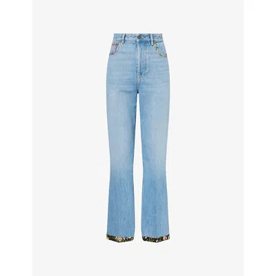 Valentino Mens Denim Blu Lav Chiaro Printed-trims Straight-leg Denim Jeans In Blue