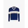 Valentino Embroidered Striped Virgin Wool And Cotton-blend Sweater In Blue