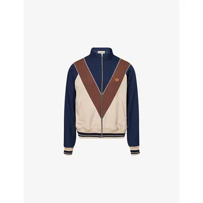 VALENTINO MENS MONOGRAM CONTRAST-PANELS WOVEN JACKET GRANDALA/WALNUT/BURRO XL