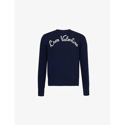 Valentino Mens Regular-fit Embroidered-branding Wool-knit Jumper Indaco In Blue