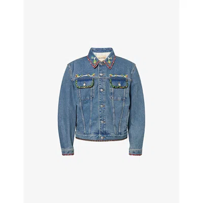VALENTINO MENS VALENTINO GARAVANI BEADED-EMBELLISHMENT PRINTED-TRIMS DENIM JACKET