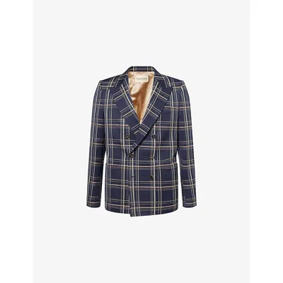 VALENTINO MENS NAVY/MOTA CHECK-PRINT PEAK-LAPELS WOOL AND COTTON BLAZER