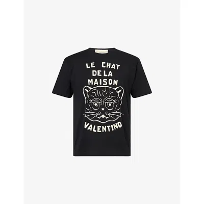 VALENTINO MENS CHAT DE LA MAISON CREWNECK COTTON-JERSEY T-SHIRT NERO/BURRO