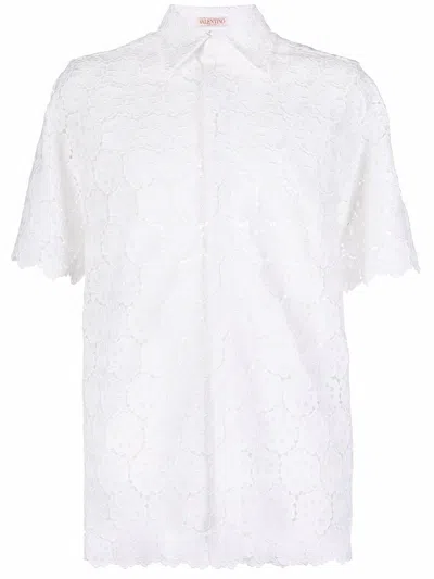 Valentino Mens Short-sleeve Macrame Shirt In White For Ss22 Collection In Bianco