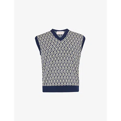 Valentino Mens  Garavani Jacquard Sleeveless Wool-knit Vest In Toute La V Navy/crema