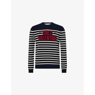 VALENTINO MENS UTRMRNE DK BLUE/BURRO CHEZ VALENTINO STRIPED WOOL JUMPER