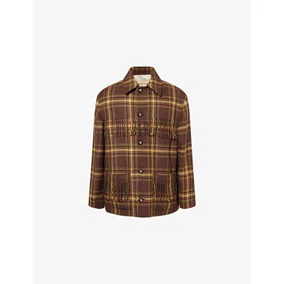 VALENTINO MENS MARNE/GIALLO/TACLA/ETC CHECK-PRINT FRINGED WOOL JACKET