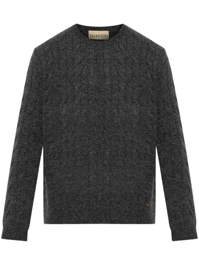 Valentino Merino Wool Cable Knit Sweater With Regular Fit And Crew Neck In Gray