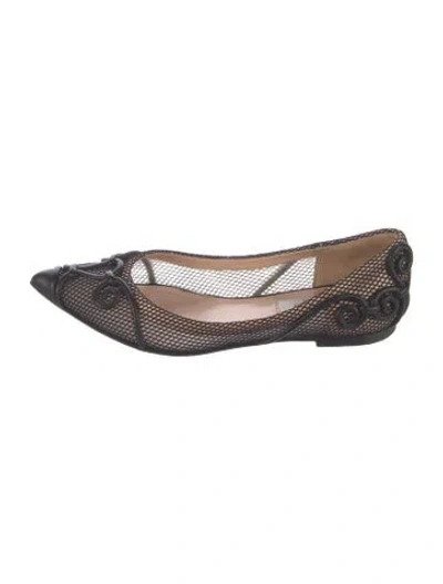 Pre-owned Valentino Garavani Mesh Leather Trim Embellishment Ballet Flats In Black