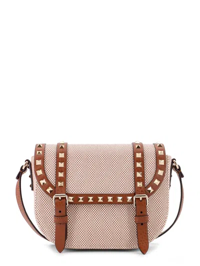 VALENTINO GARAVANI MESSENGER ROCKSTUD FABRIC AND LEATHER SHOULDER BAG