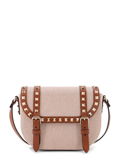 Valentino Garavani Messenger Rockstud Fabric And Leather Shoulder Bag In Brown