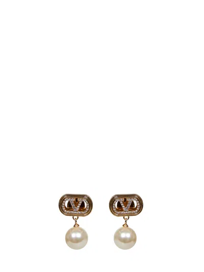 Valentino Garavani Metal And Pearls And Crystals Ovalette Earrings In Gold