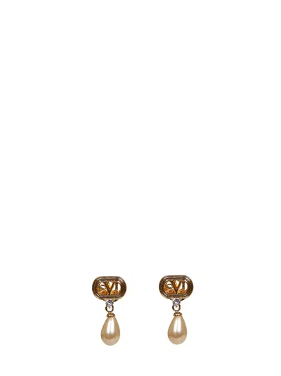 Valentino Garavani Metal And Pearls And Crystals Ovalette Earrings In Gold