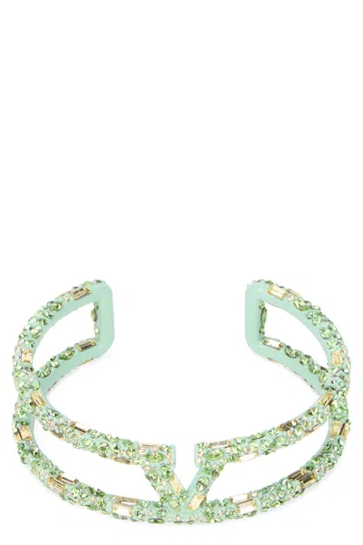 Valentino Garavani Metal Bracelet With Crystals In Green