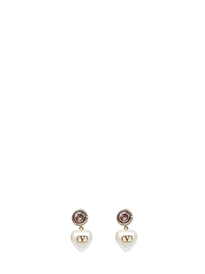 Valentino Garavani Metal Heart-pendant Vlogo Signature Earrings In White