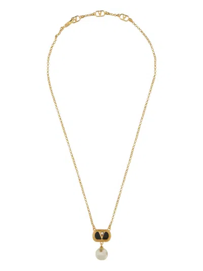 VALENTINO GARAVANI METAL OVALETTE NECKLACE WITH ENAMEL, CRYSTAL AND SWAROVSKI® PEARL