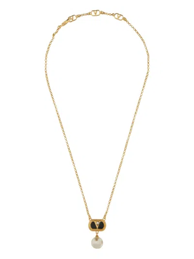 VALENTINO GARAVANI METAL "OVALETTE" NECKLACE WITH ENAMEL, CRYSTAL AND SWAROVSKI PEARL
