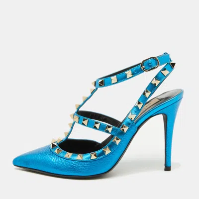 Pre-owned Valentino Garavani Metallic Blue Leather Rockstud Ankle Strap Pumps Size 35.5