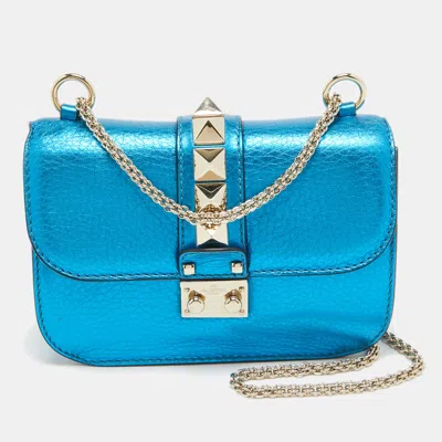 Pre-owned Valentino Garavani Metallic Blue Leather Small Rockstud Glam Lock Flap Bag