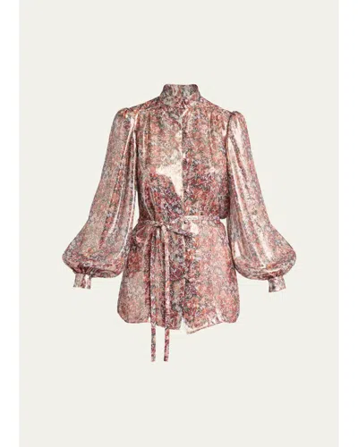 Valentino Metallic Floral Balloon-sleeve Button-down Shirt In Multi