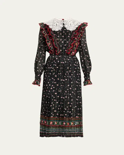 Valentino Metallic Floral-print Silk Midi Dress In Black