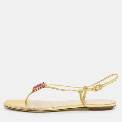 Pre-owned Valentino Garavani Metallic Gold Leather Embellished Flat Sandals Size 38