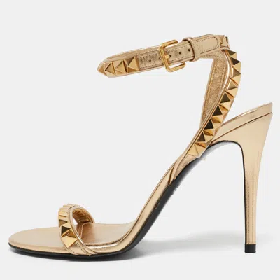 Pre-owned Valentino Garavani Metallic Gold Leather Rockstud Ankle Strap Sandals Size 37