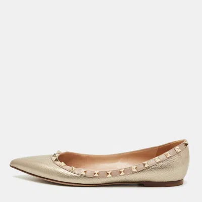 Pre-owned Valentino Garavani Metallic Gold Leather Rockstud Ballet Flats Size 39