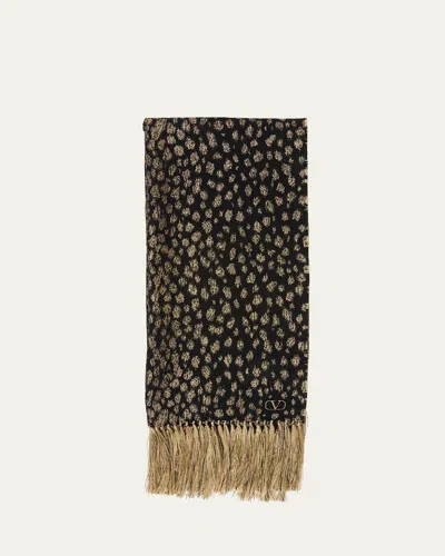 Valentino Metallic Jacquard Animal Fringe Scarf In Brown