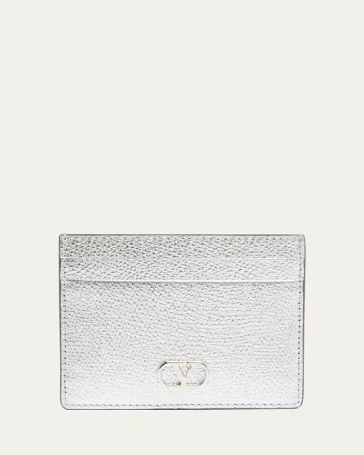 Valentino Garavani Metallic Leather Card Case In Silver