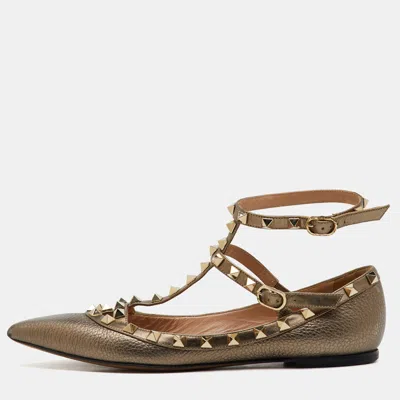 Pre-owned Valentino Garavani Metallic Leather Rockstud Ankle Strap Ballet Flats Size 38